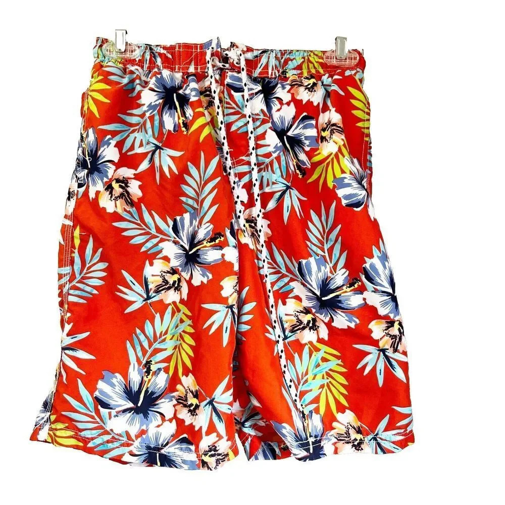 E Land Boys Red Tropical Swim Trunks 12 Shorts American Classic Floral Pull On